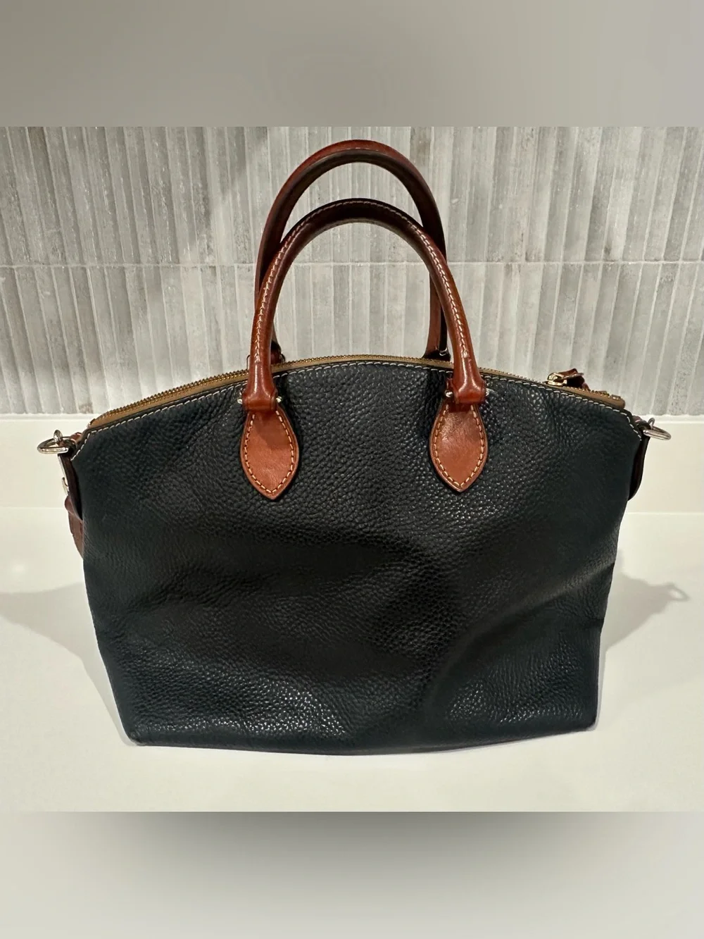 Dooney & Bourke Black Domed Pebble Grain Zip Satchel -(VO 122864) with dust bag